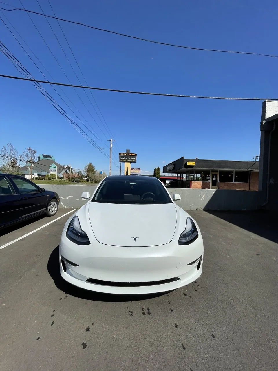 White Tesla parked outside Lynnwood shop.